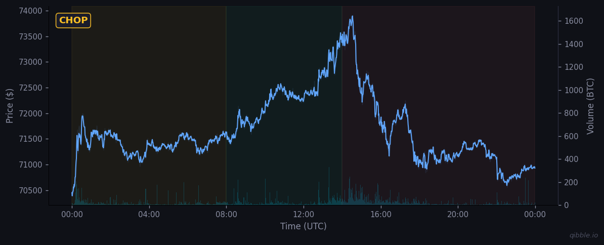 BTC price and volume for March 13, 2026